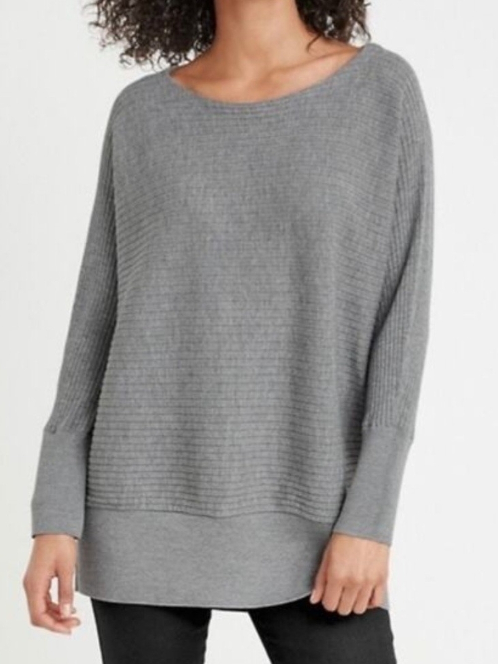 Eileen Fisher Women's 100% Merino Wool Tunic Sweater Gray Bateau Neck Ribbed L